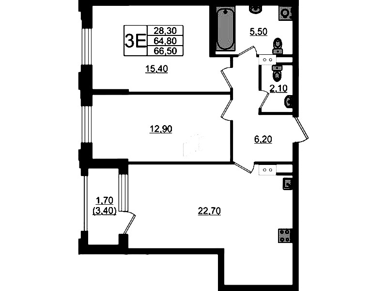 2-комнатная квартира 66.5 м², 10/13 эт., ЖК «Тайм Сквер»